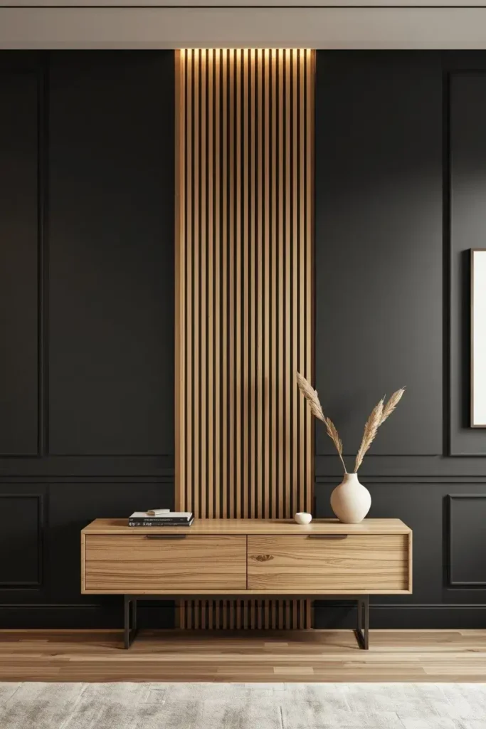 Minimalist black wall with a centered partial section of natural wood slats and simple decor.