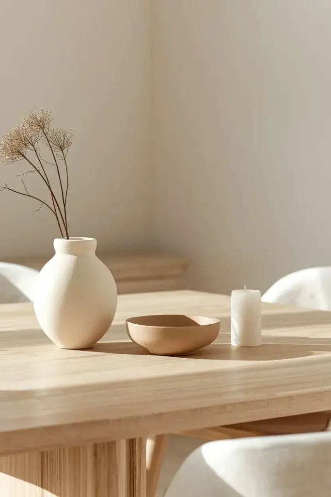 Minimalist ceramic vase, bowl, and candle arranged as a simple table centerpiece.