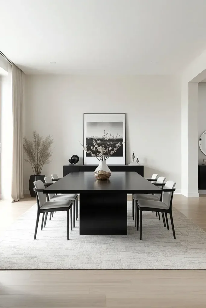 Minimalist dining room with a black dining table as the central focal point against a light wall.