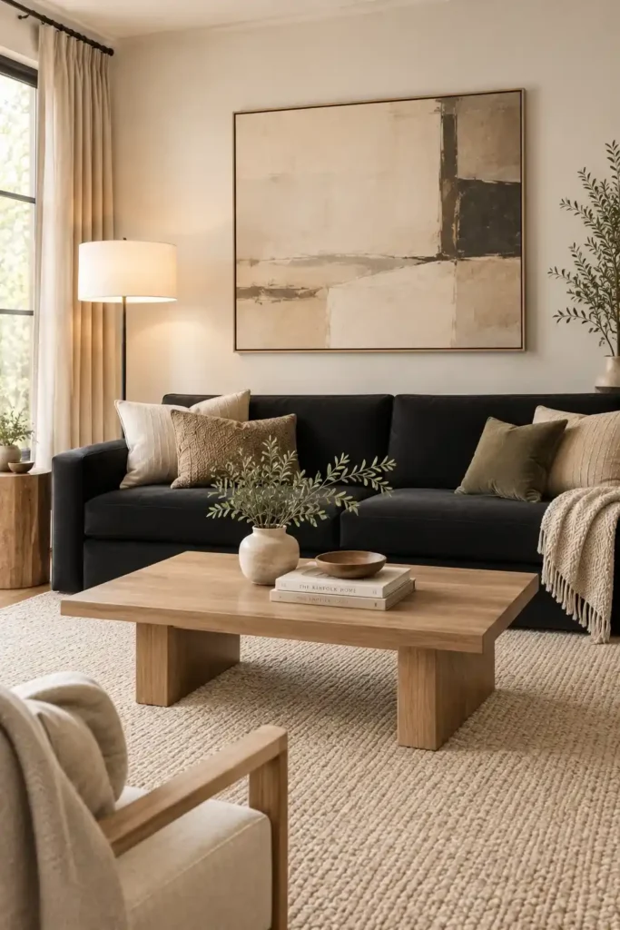 Minimalist living room with a sleek black couch, neutral rug, and simple modern decor.