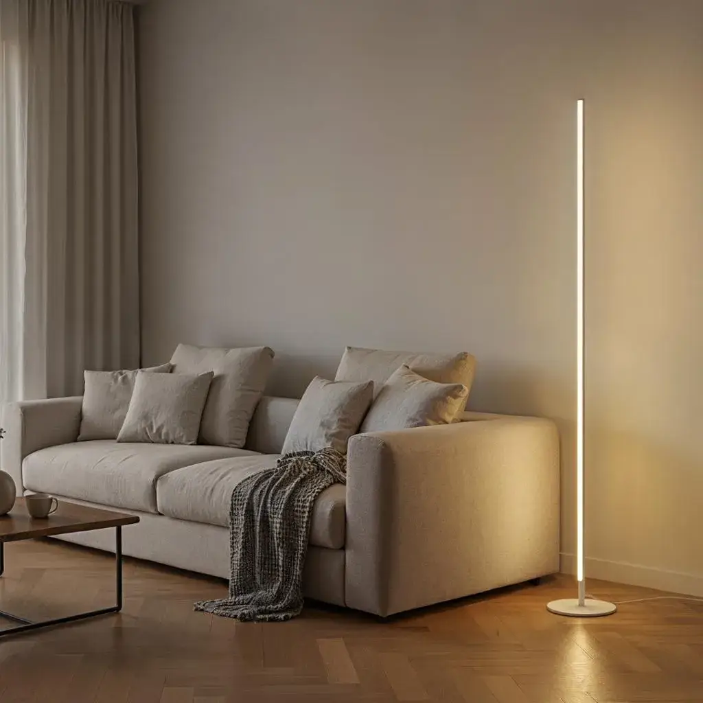 Minimalist white floor lamp in a bright Scandinavian-inspired living room.