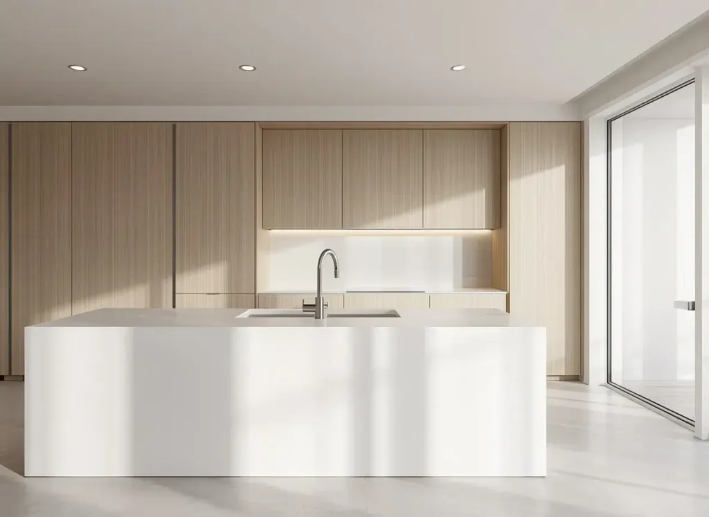 Minimalist white kitchen island with a simple undermount sink