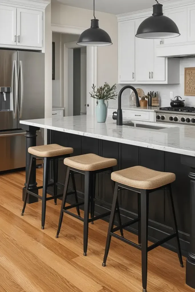 Mixed-material bar stools combining wood, metal, and fabric around a kitchen island.