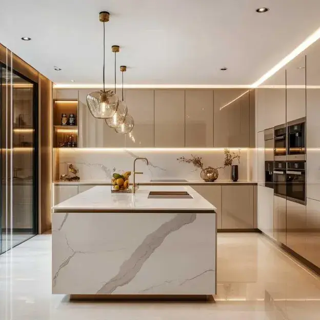 Modern L shaped kitchen with a white quartz waterfall countertop island and taupe cabinets.