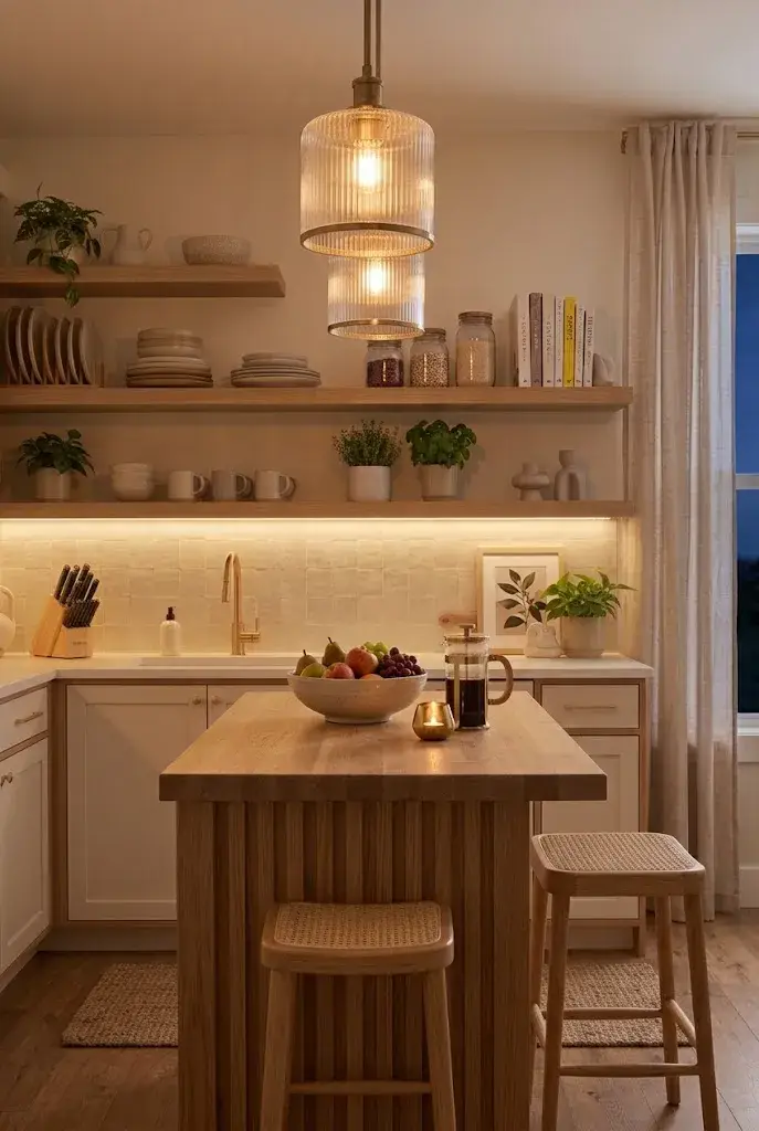 Modern apartment kitchen with warm under-cabinet lighting illuminating the countertop.