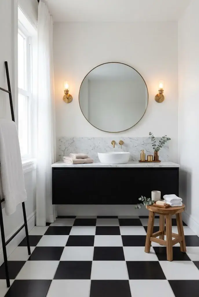 Modern bathroom with a dramatic black vanity, white countertop, round mirror, and warm accents.