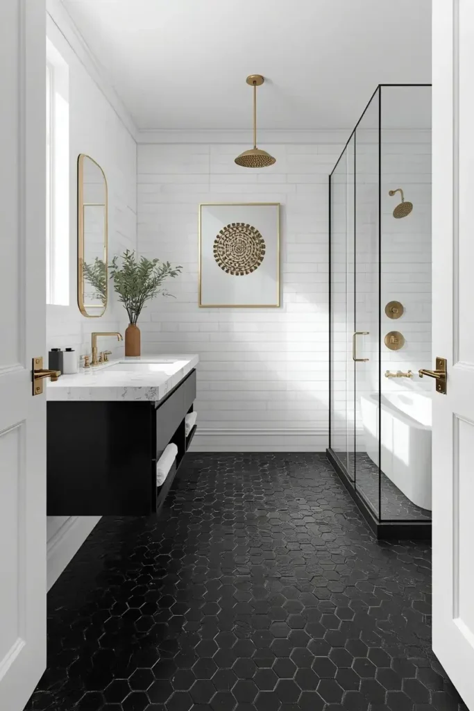 Modern bathroom with black hexagon floor tiles, white walls, and elegant gold fixtures