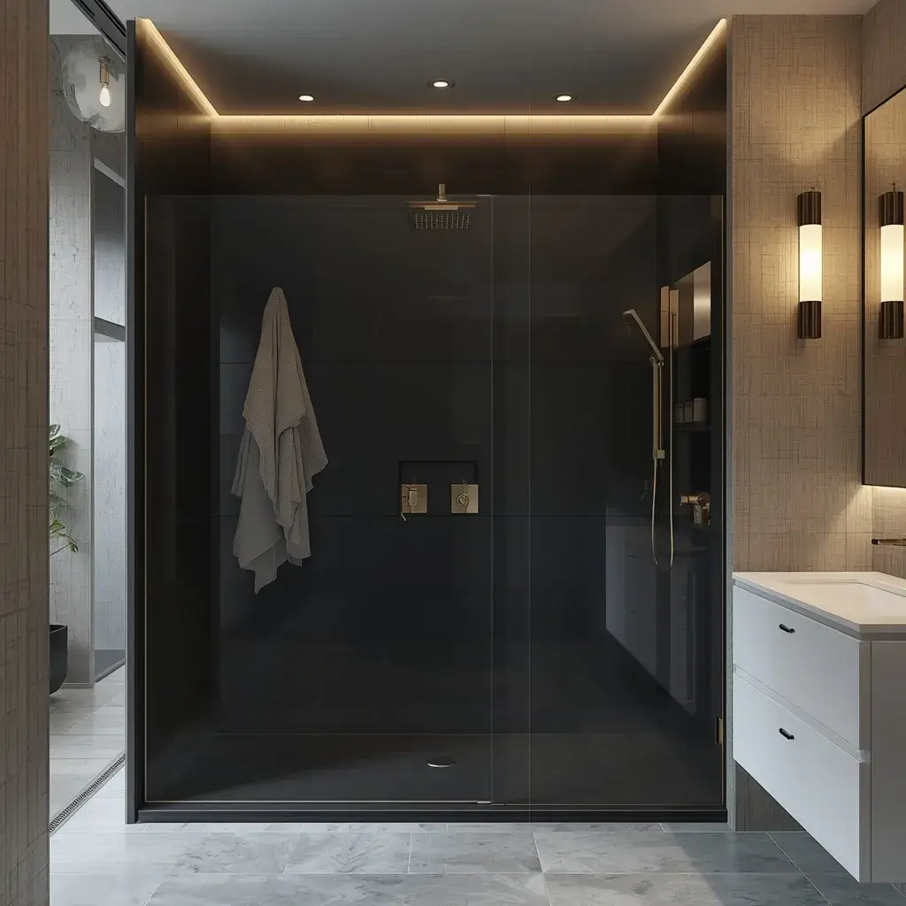 Modern bathroom with black shower tiles, glass enclosure, and elegant gold shower fixtures.