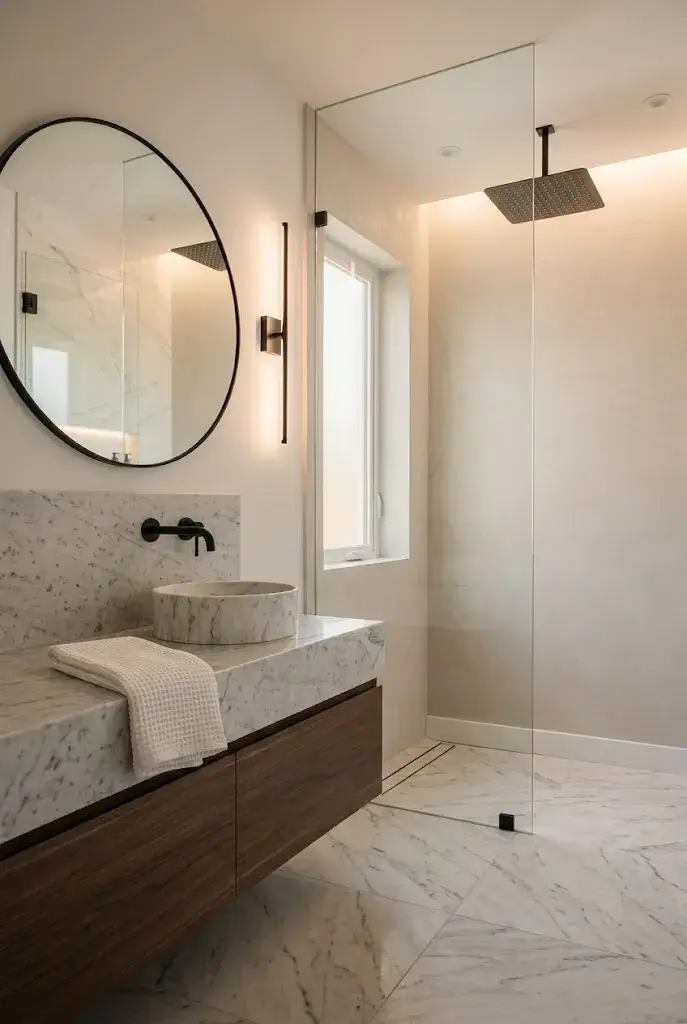 Modern bathroom with floating walnut vanity, white countertop, and minimalist design.