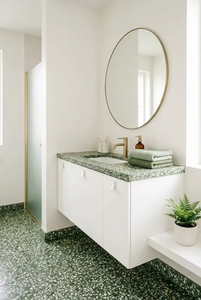 Modern bathroom with green terrazzo floor and countertop, white vanity, brass faucet, and green towels.