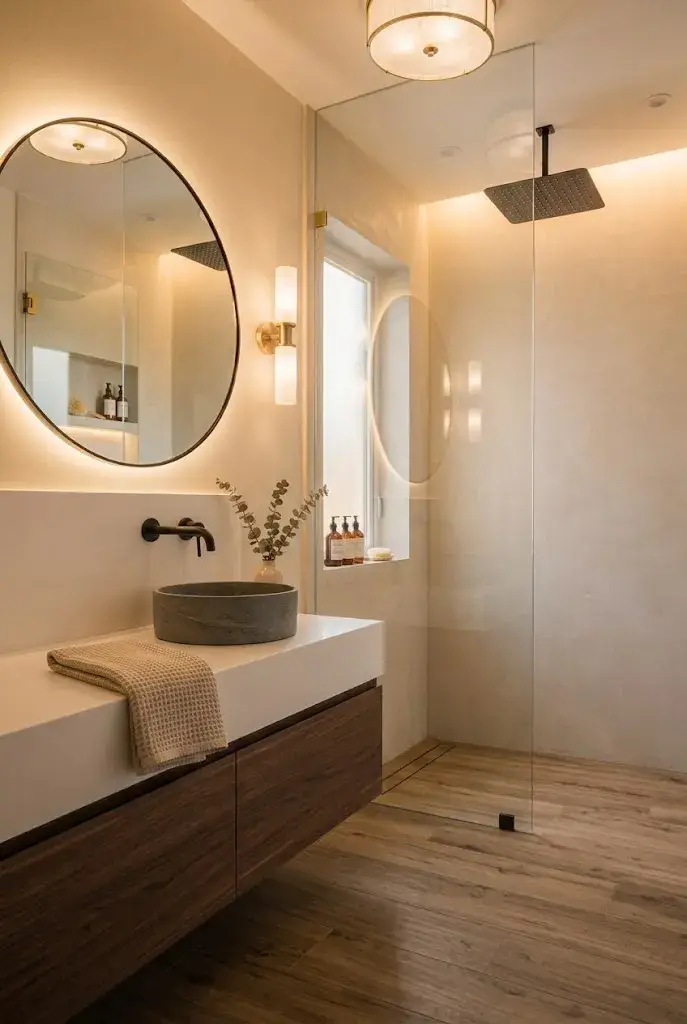 Modern bathroom with layered ceiling and vanity lighting creating a warm, inviting atmosphere