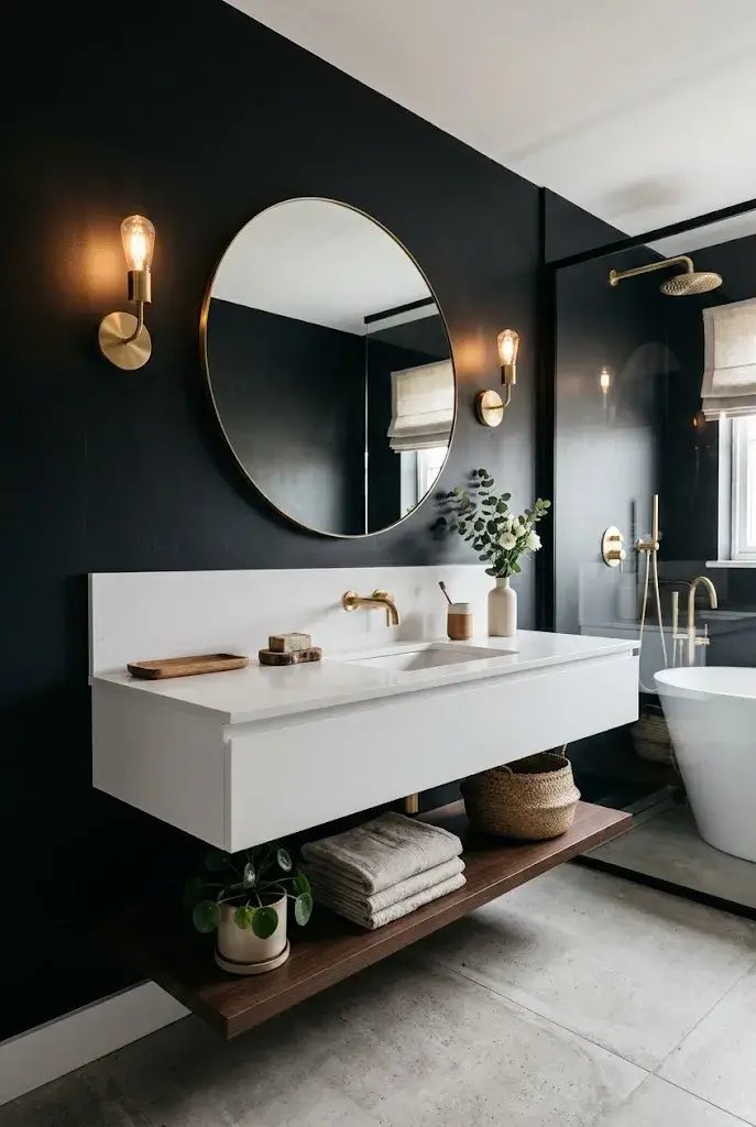 Modern bathroom with matte black walls, white vanity, round mirror, and warm wooden accents.