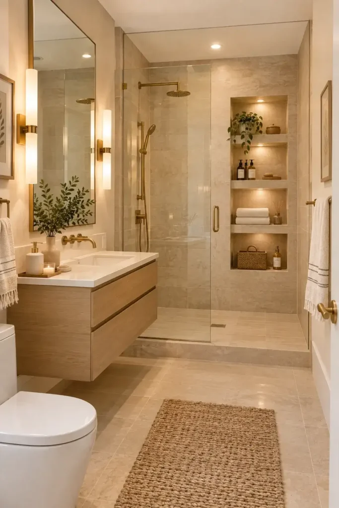 Modern bathroom with recessed built-in shower shelves for organized storage.