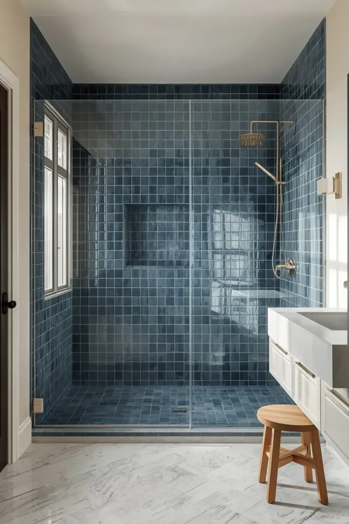 Modern bathroom with rich blue shower tiles, glass enclosure, white vanity, and brass fixtures.