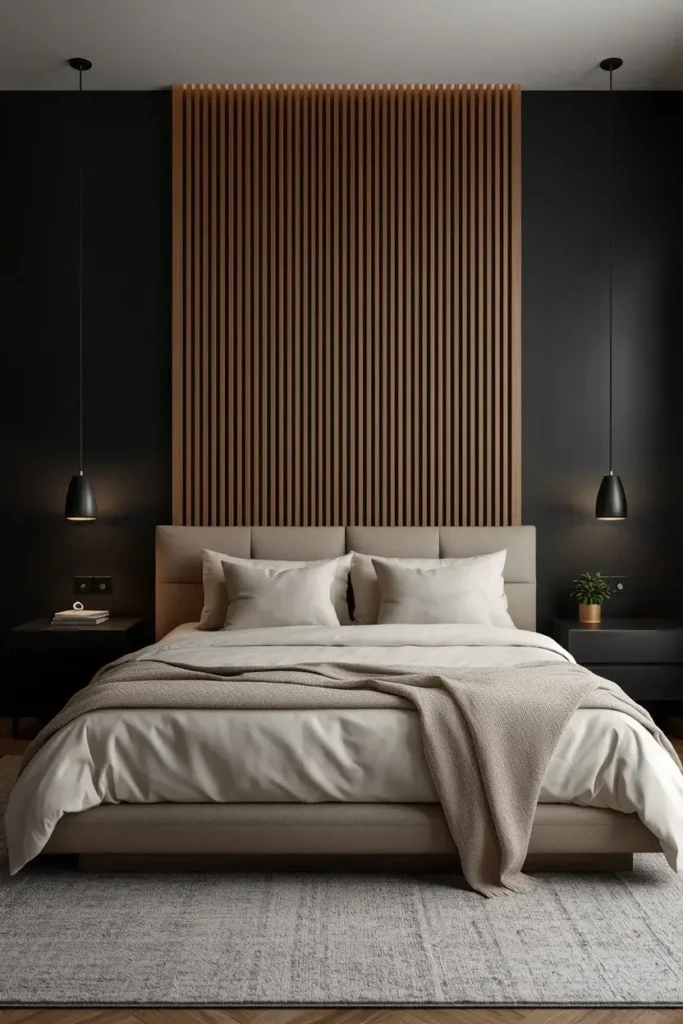 Modern bedroom with a black slat wall, cream bedding, oak wood accents, and warm pendant lights.