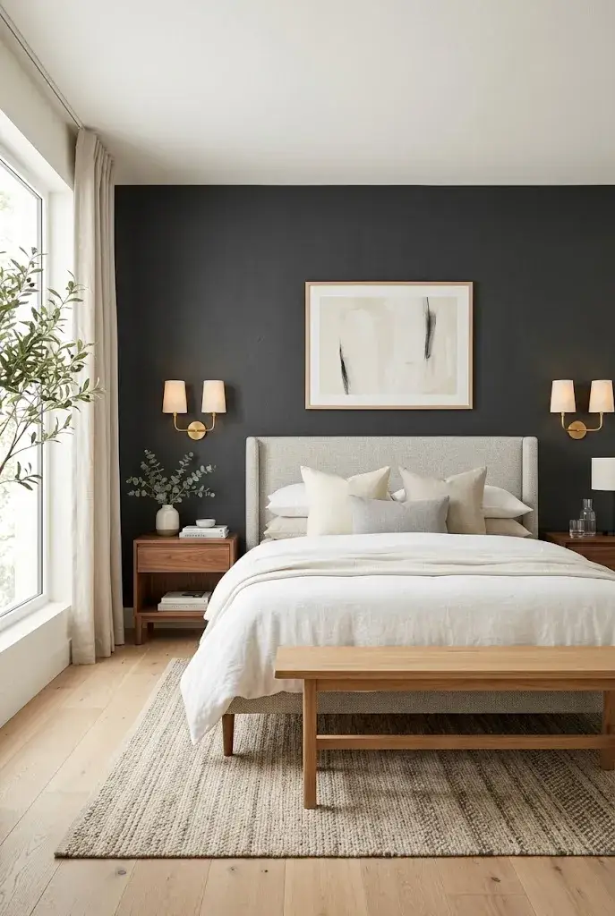 Modern bedroom with a dramatic dark gray accent wall behind the bed and bright neutral surroundings.