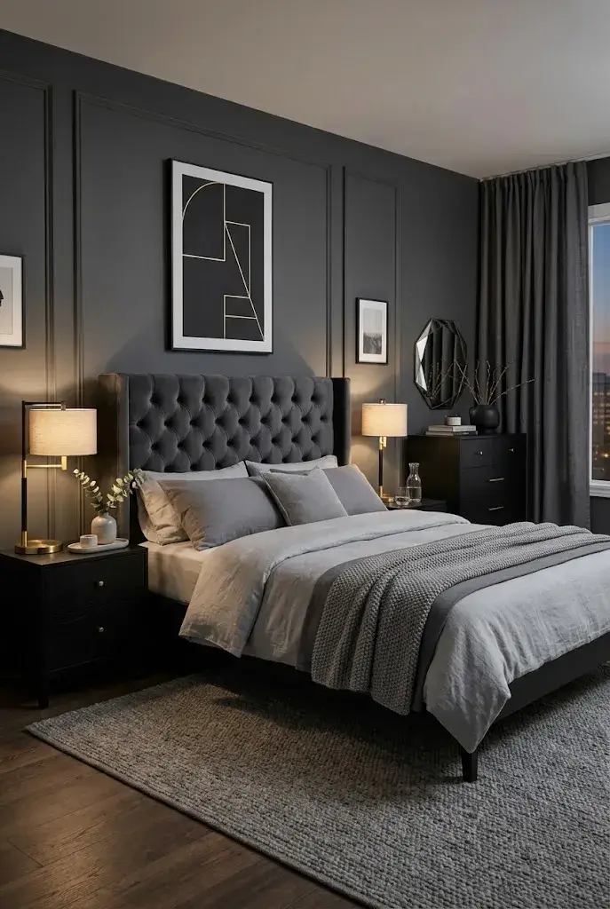 Modern black and gray bedroom with dark furniture, layered bedding, and warm lighting.