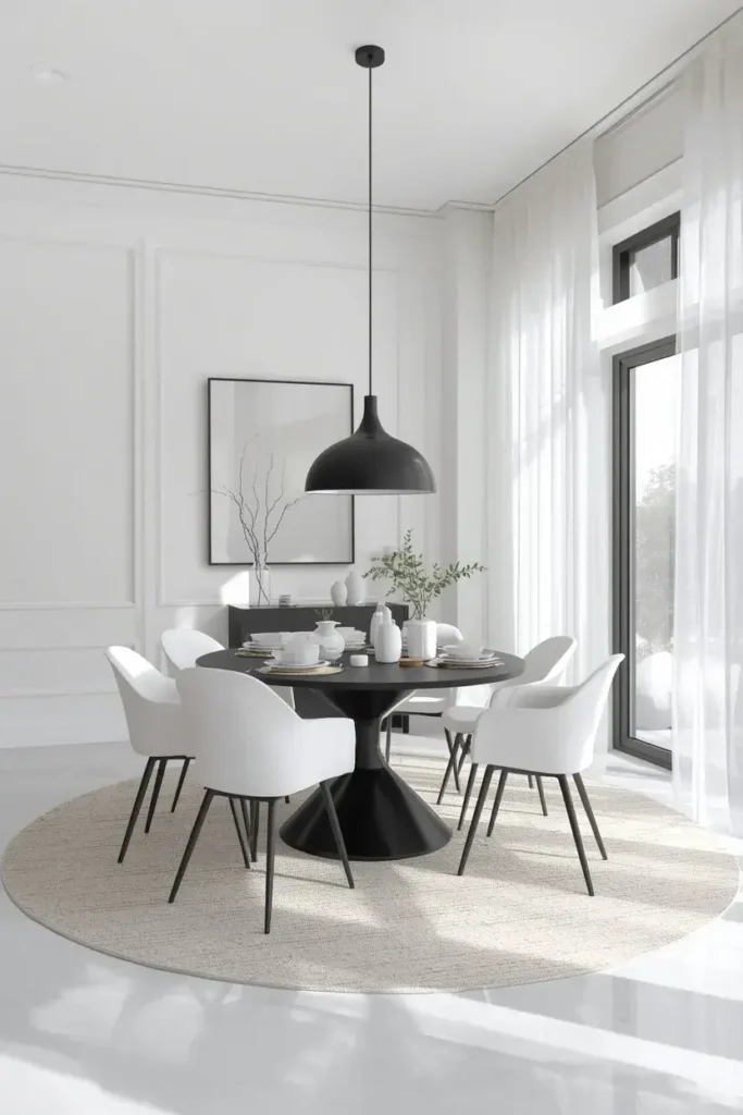 Modern black and white dining room with a sleek black table, white chairs, ivory rug, and minimalist decor.