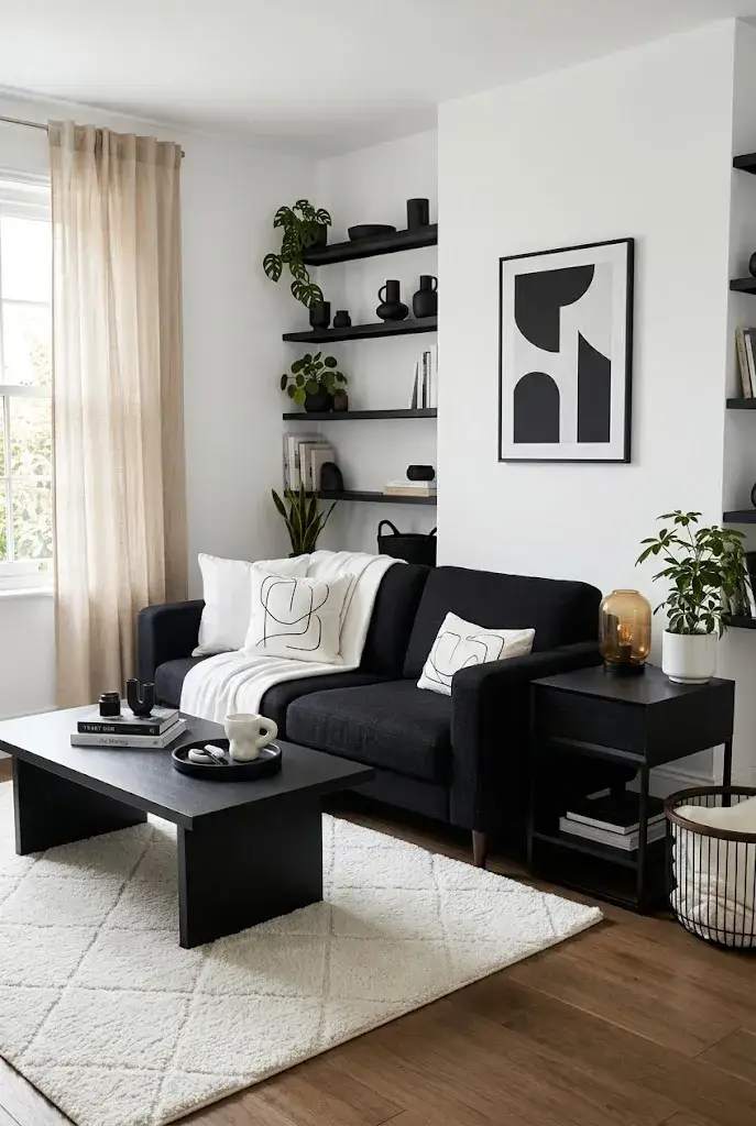 Modern black and white living room with a sleek black couch and ivory rug.