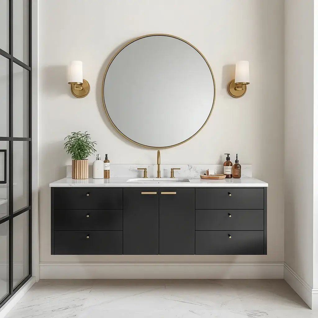 Modern black bathroom vanity with white countertop, round mirror, and natural wood accessories.