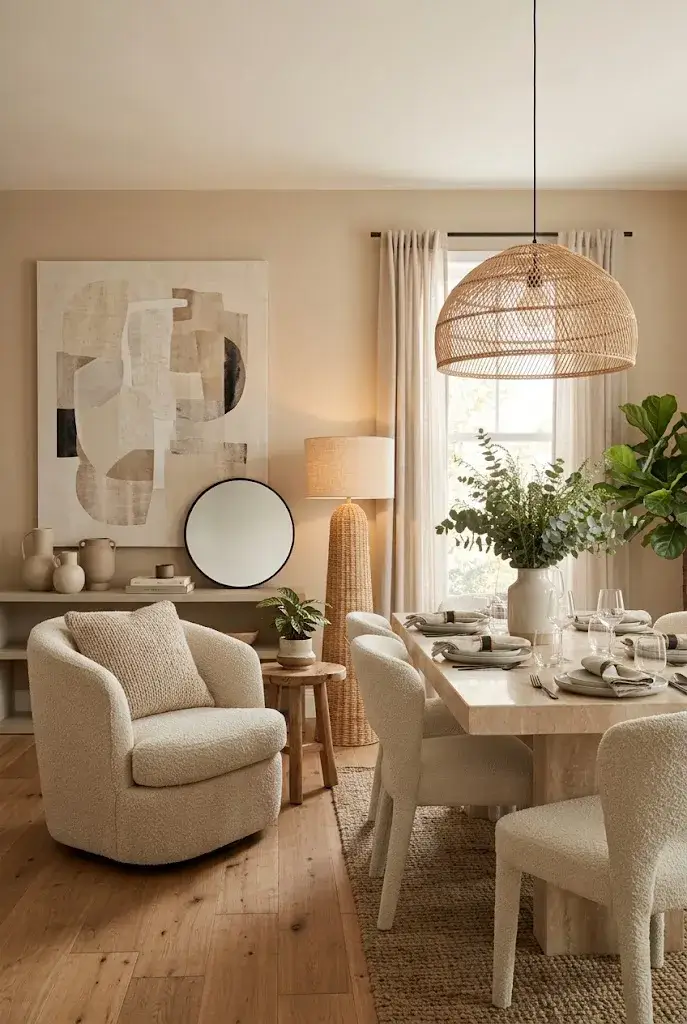 Modern dining room combining a stone table, wooden chairs, woven lighting, and natural textures.