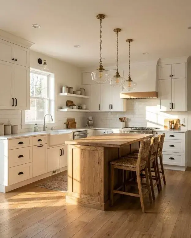  Modern farmhouse L shaped kitchen with cream shaker cabinets and a natural wood island.