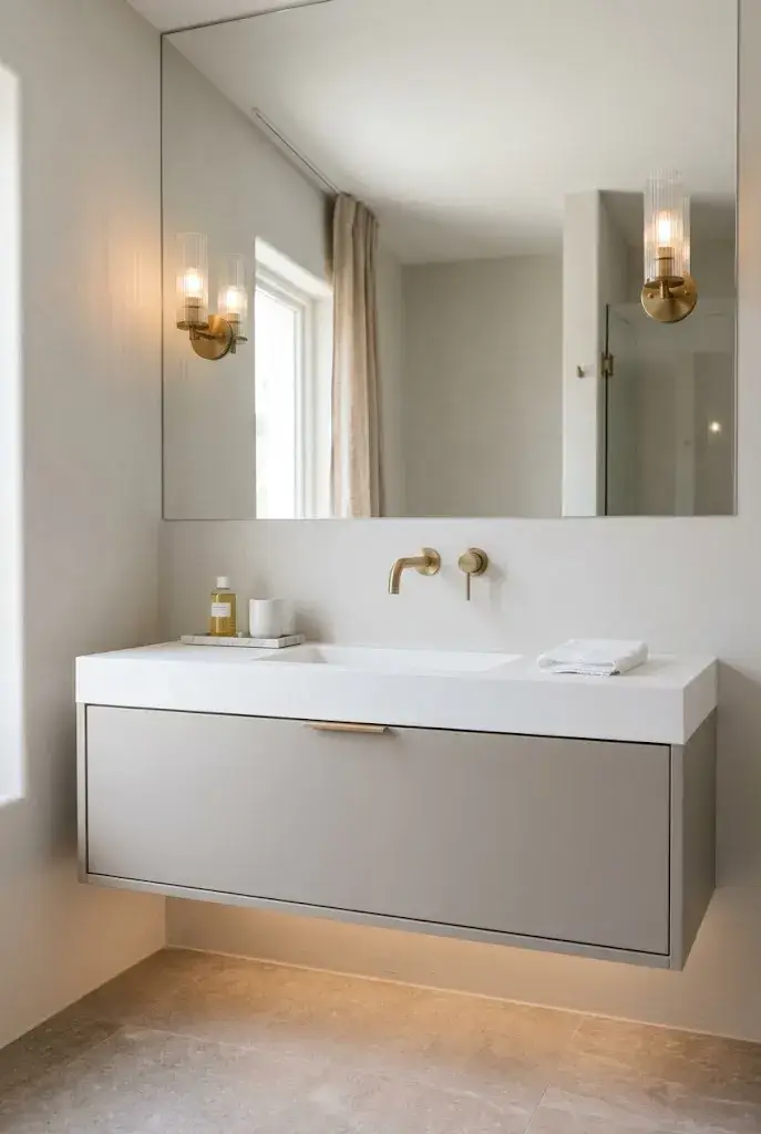 Modern floating vanity with an integrated sink and minimalist bathroom design.