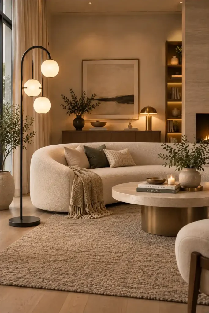 Modern globe floor lamp with frosted glass spheres beside a curved cream sofa.