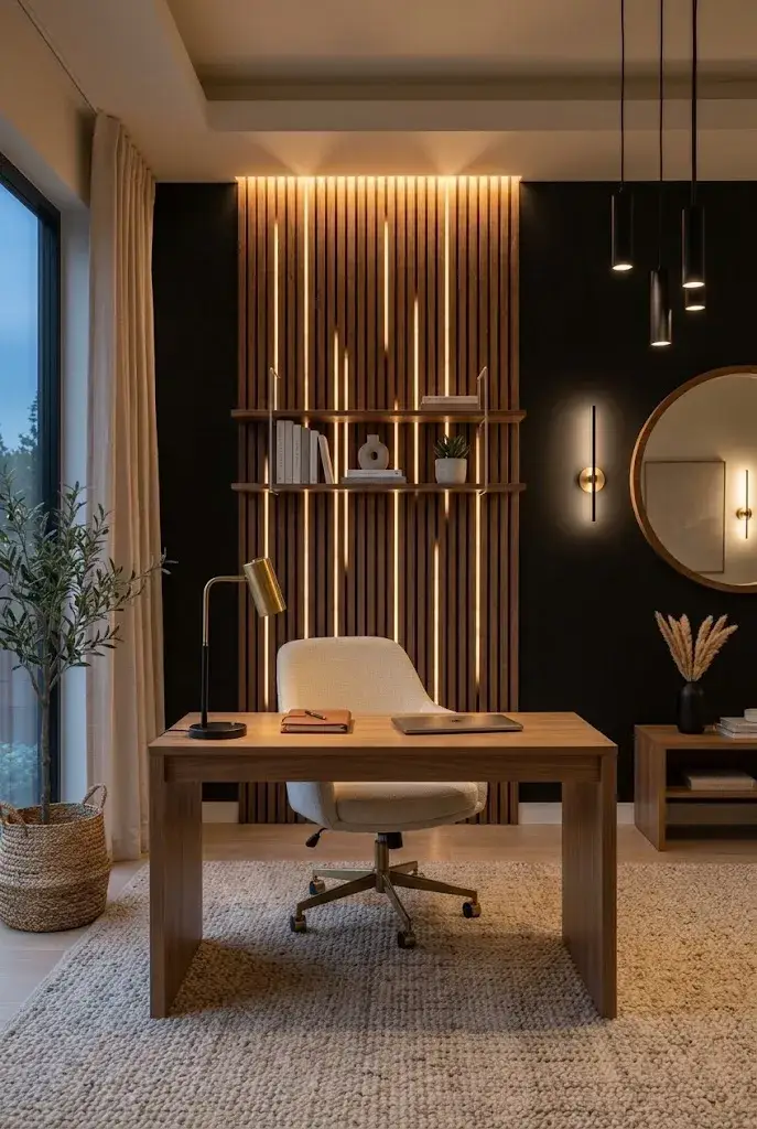 Modern home office with a black wall, walnut wood slats, wooden desk, and warm lighting.