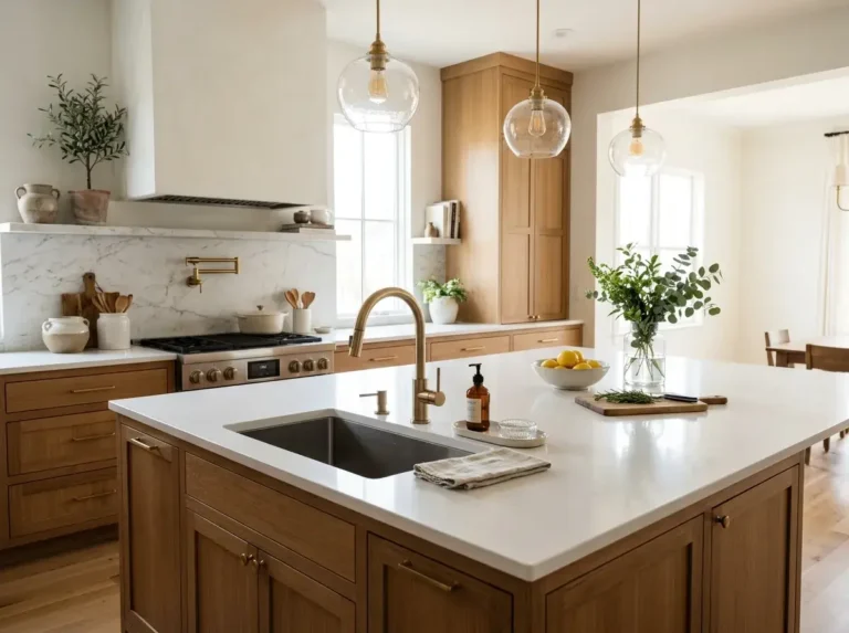 Modern kitchen island with a stylish sink, white quartz countertop, wood cabinets, and brass faucet.