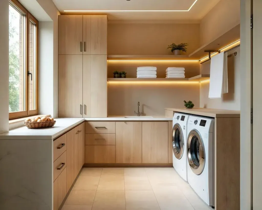 Modern laundry room with warm under-cabinet lighting, wood cabinets, and a clean countertop.