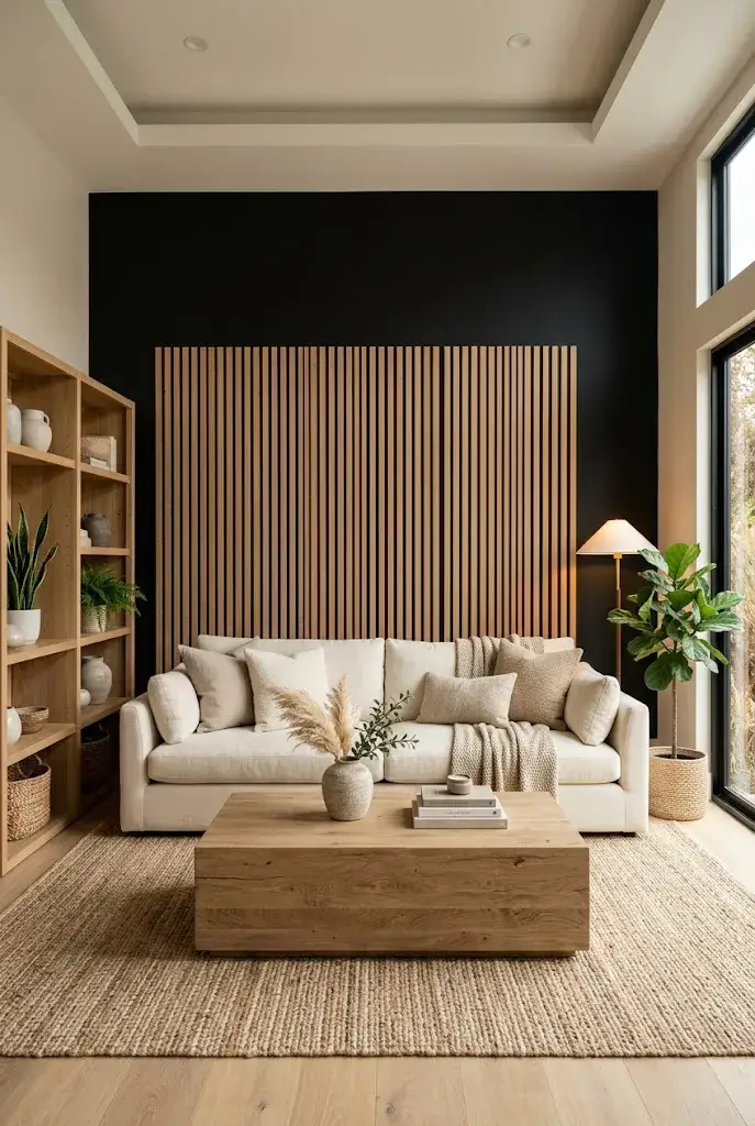 Modern living room with a black wall, natural wood slats, cream sofa, and warm decor.