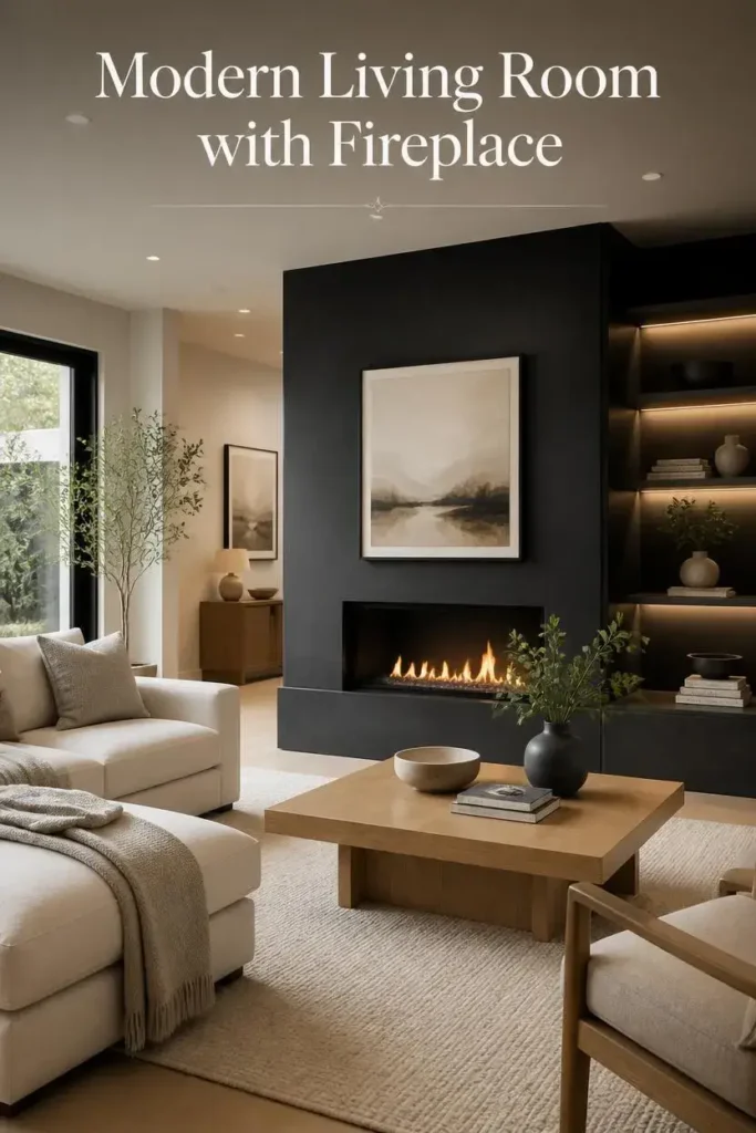 Modern living room with a sleek dark fireplace, cream sofa, pale oak furniture, minimalist decor, and soft lighting.