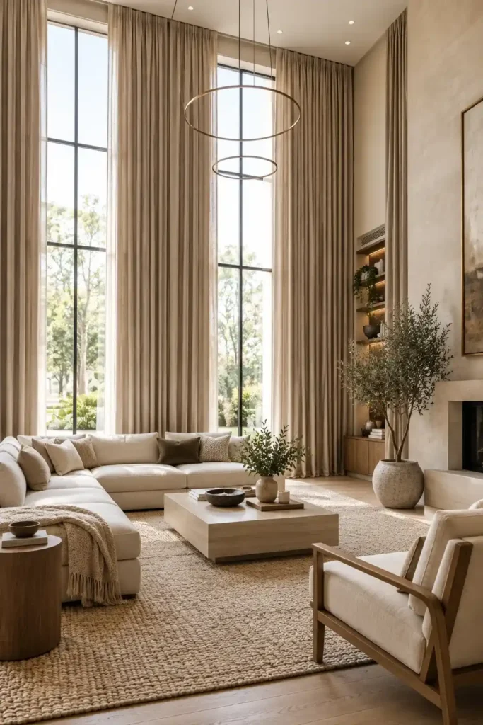 Modern living room with floor-to-ceiling curtains making the space look taller and more spacious.