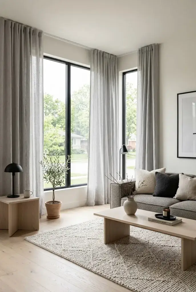 Modern living room with light gray curtains, neutral furniture, and minimalist decor.