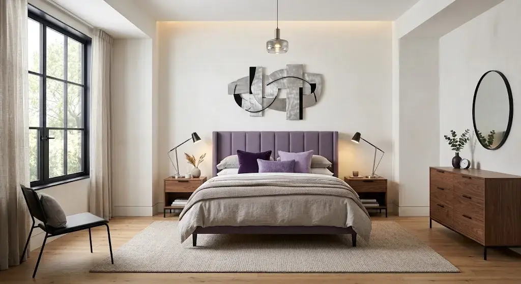 Modern purple bedroom with a muted violet bed and sleek contemporary furniture.