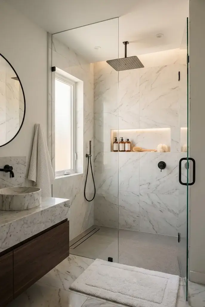 Modern walk-in shower with glass enclosure, marble-look tiles, rainfall showerhead, and recessed niche