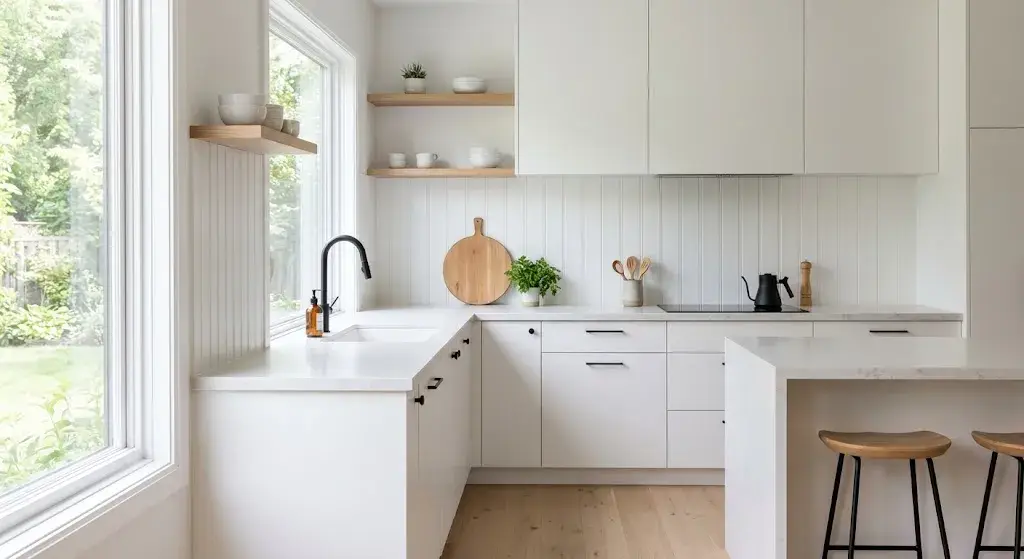 Modern white bead board backsplash kitchen with minimalist cabinets