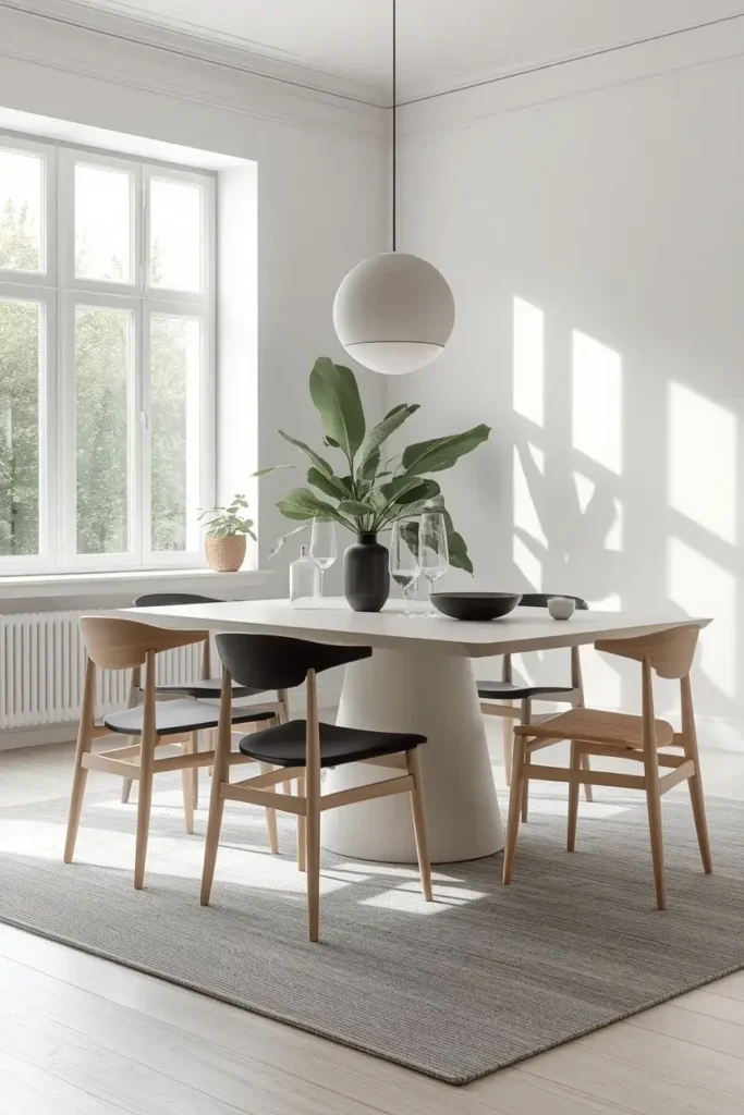 Modern white dining table with simple chairs and minimalist decor