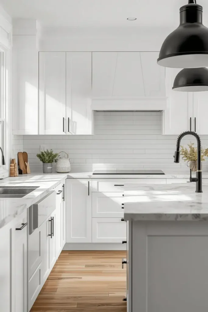 Modern white kitchen with black hardware and contrasting fixtures