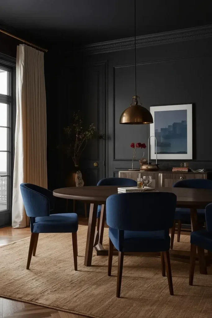 Moody black and navy blue dining room with warm wood and soft neutral accents.