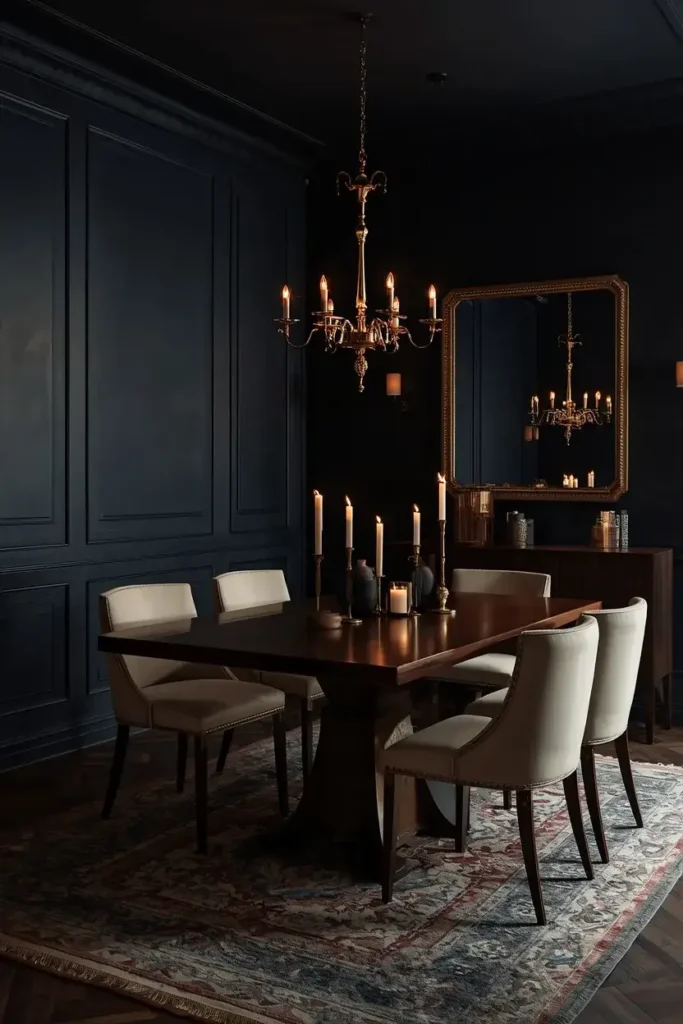 Moody blue dining room with dark walls and warm lighting