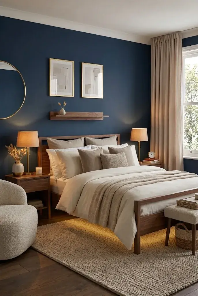 Moody blue master bedroom with navy walls and cream bedding