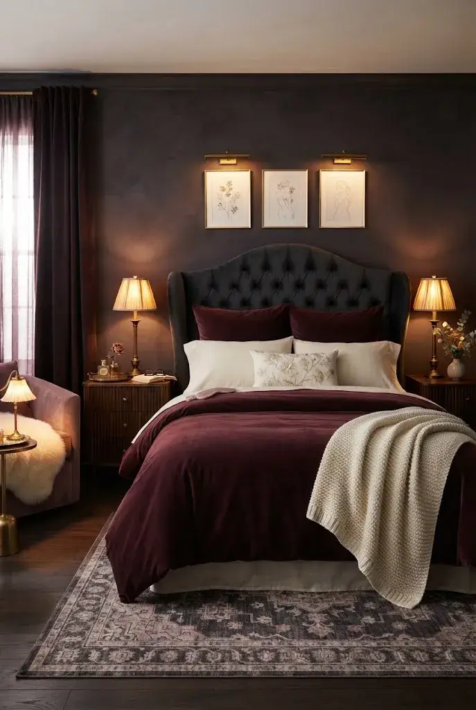 Moody feminine bedroom illuminated by warm bedside lamps and soft ambient lighting