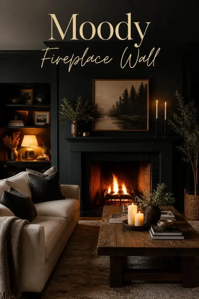 Moody living room with a dark fireplace wall, beige sofa, natural wood accents, candles, and warm ambient lighting.
