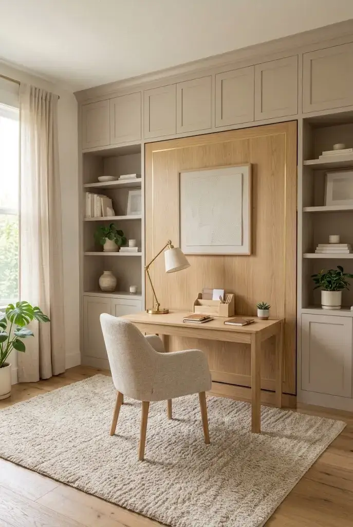Multifunctional room with a Murphy bed, integrated desk, and storage