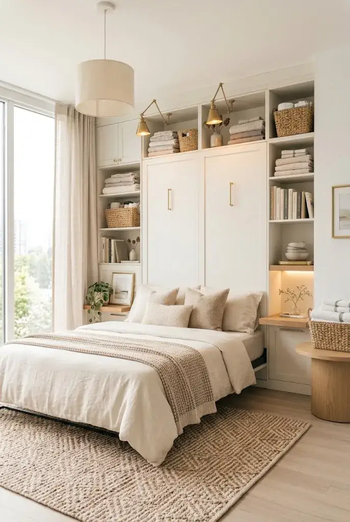  Murphy bed with hidden built-in storage in a neat modern bedroom