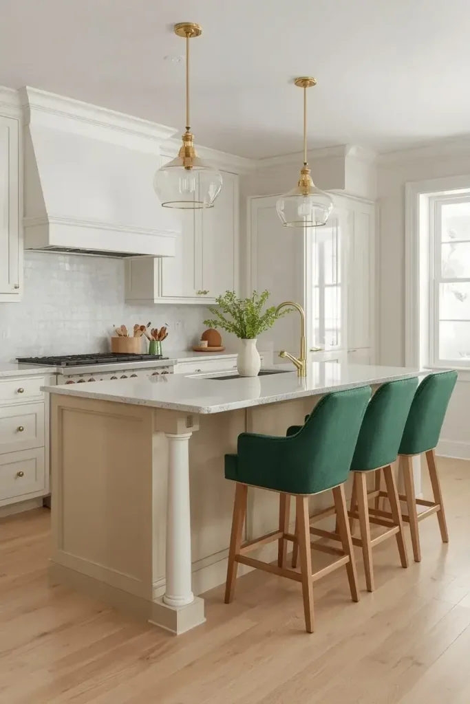 Muted green statement bar stools adding color to a neutral kitchen island.