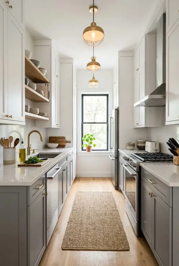 Narrow galley kitchen with parallel cabinets, pale countertops, soft gray cabinetry, and an open walkway