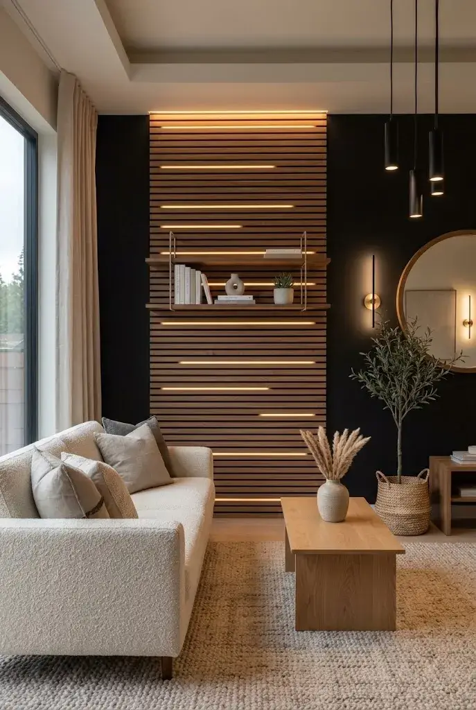 Narrow modern room with horizontal wood slats across a black wall to create a wider visual effect